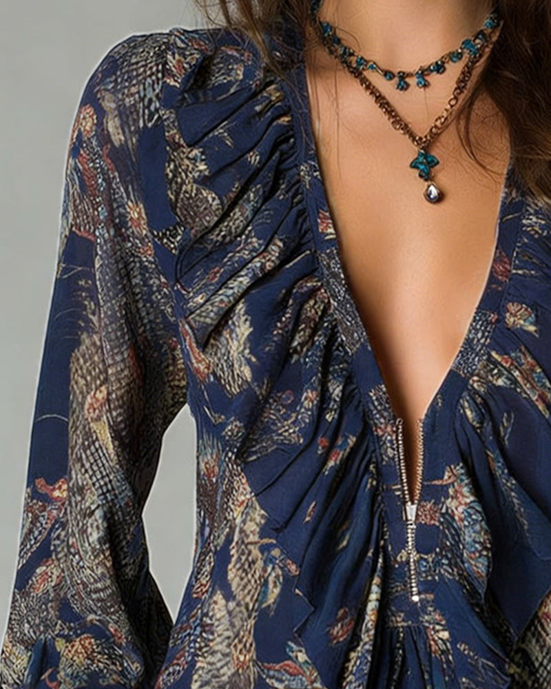 Elegant Printed Deep V Blouse with Ruffles