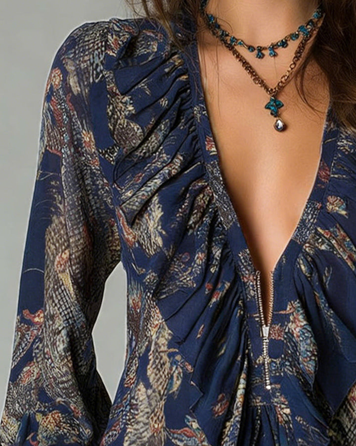 Elegant Printed Deep V Blouse with Ruffles