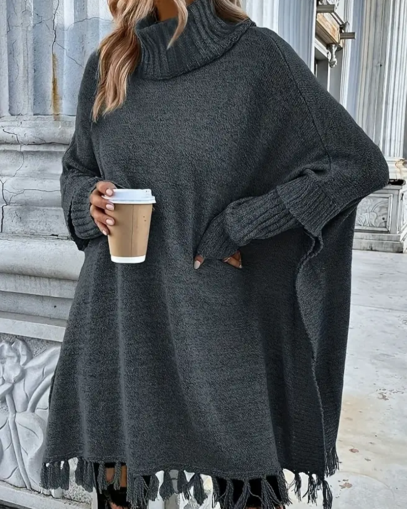 Pullover with Batwing Sleeves and Fringe