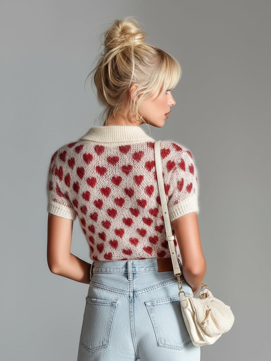 Sarah Chic Elegant Red Beige Heart Pattern Lapel V-Neck Short-Sleeve Slim-Fit Knit Sweater Top