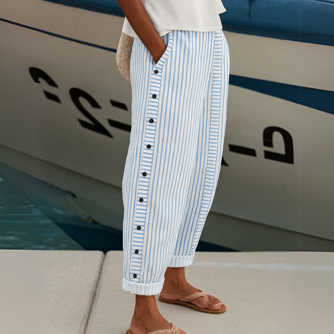 Caitlin | Stylish Linen Striped Button Pants