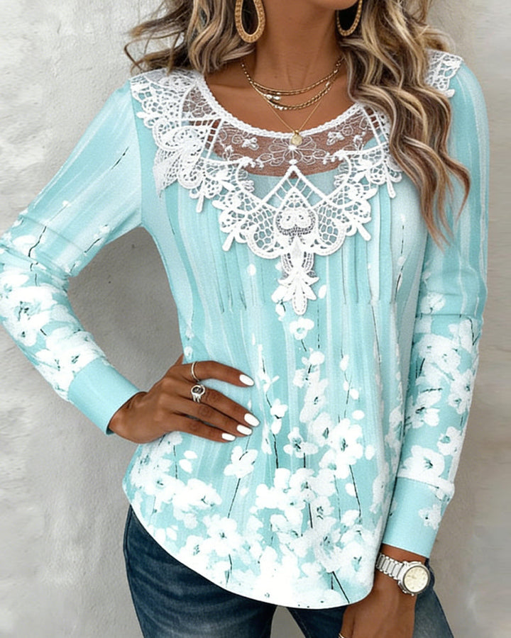 Floral Long Sleeve Top with Round Neckline and Lace Finishes