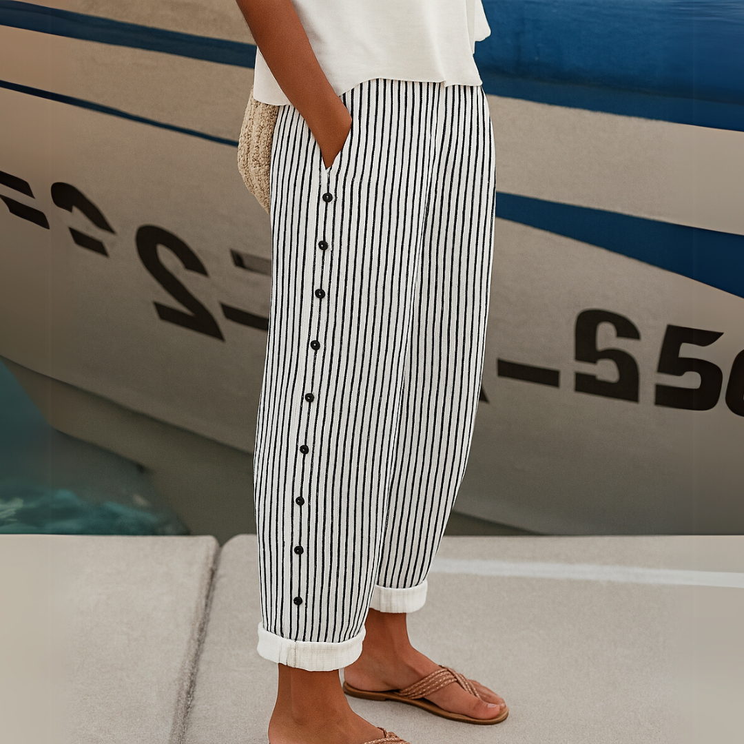 Caitlin | Stylish Linen Striped Button Pants