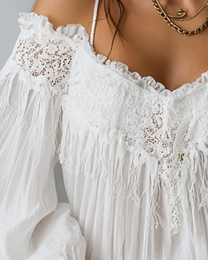 Top Off-Shoulder Blouse with Lace and Fringes