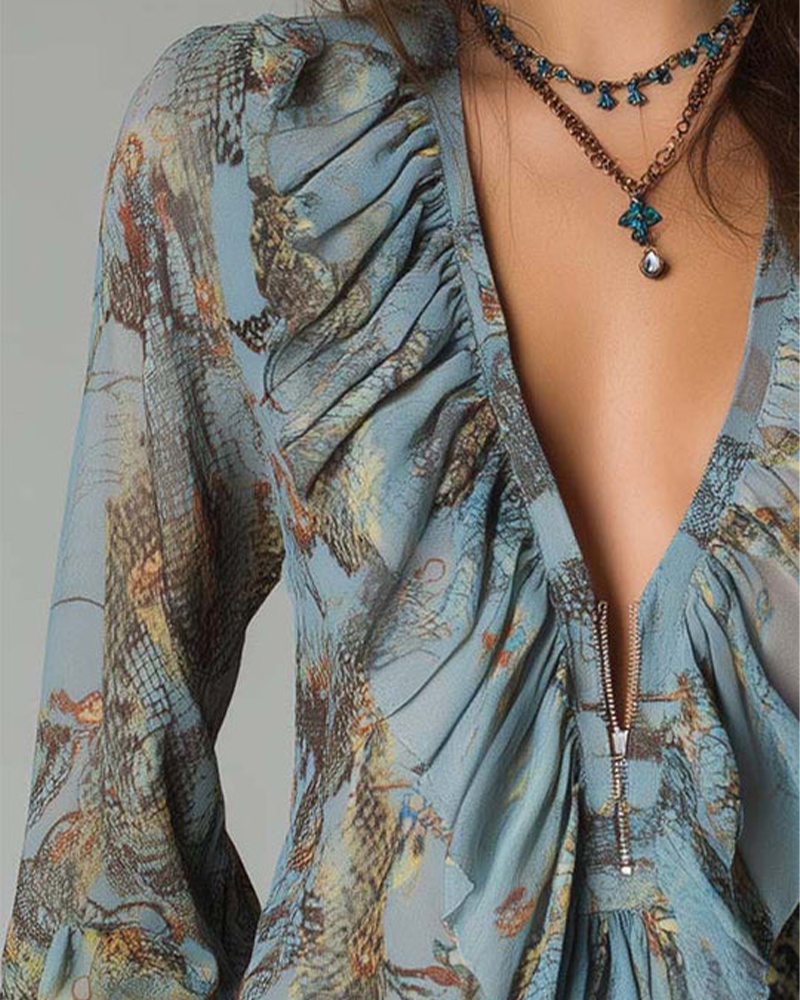 Elegant Printed Deep V Blouse with Ruffles