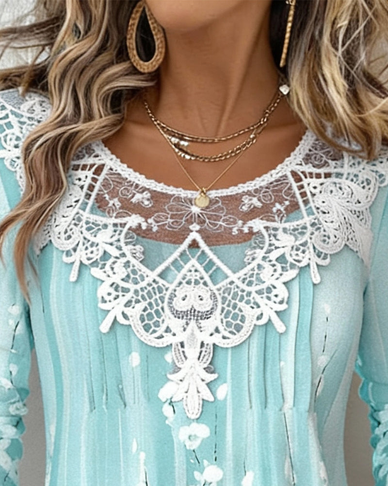 Floral Long Sleeve Top with Round Neckline and Lace Finishes