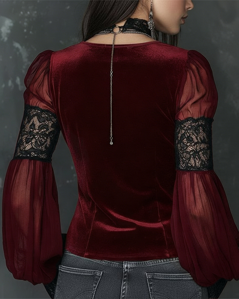 Buttoned V-Neck Blouse with Puff Sleeves