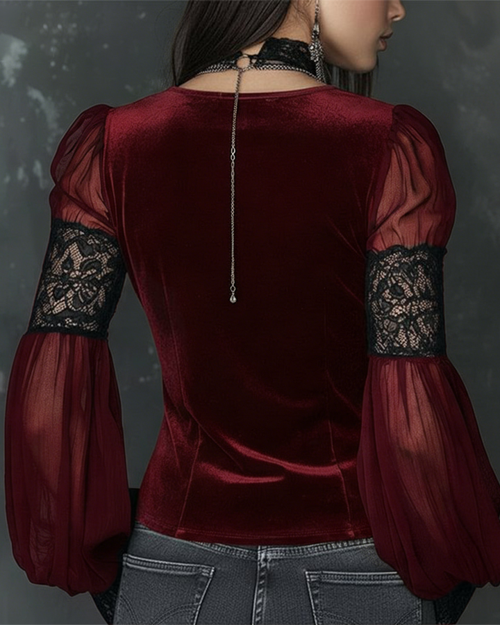 Buttoned V-Neck Blouse with Puff Sleeves