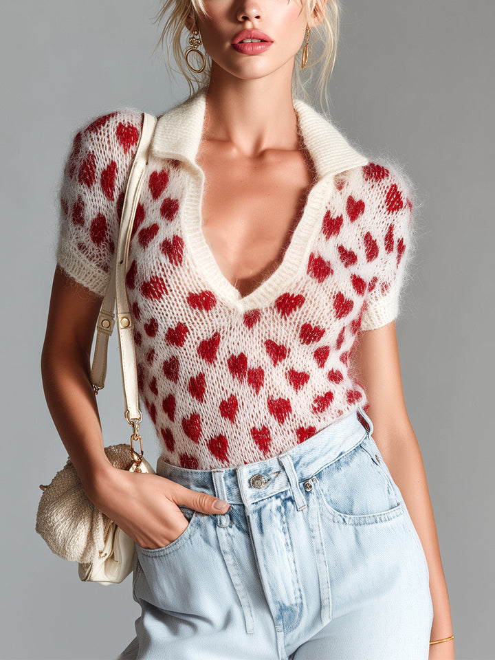 Sarah Chic Elegant Red Beige Heart Pattern Lapel V-Neck Short-Sleeve Slim-Fit Knit Sweater Top