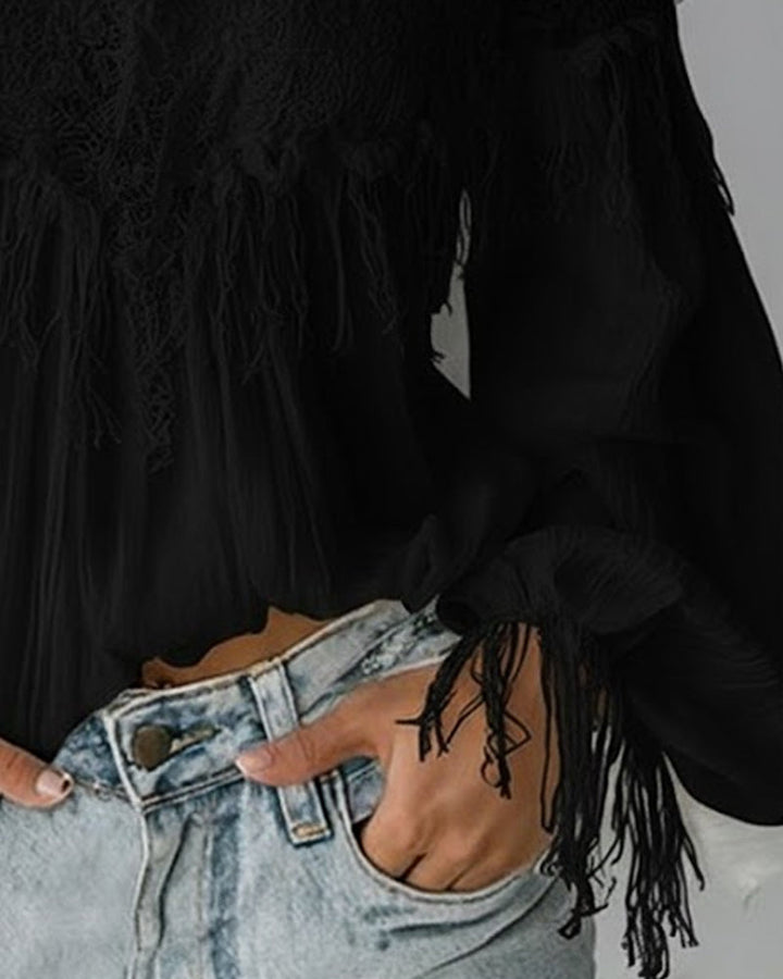 Top Off-Shoulder Blouse with Lace and Fringes