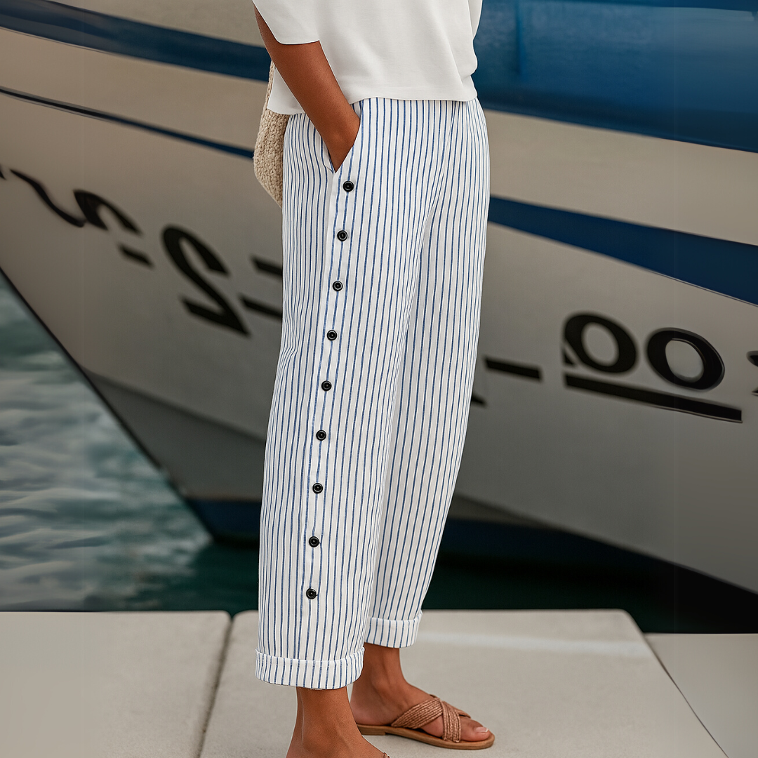 Caitlin | Stylish Linen Striped Button Pants