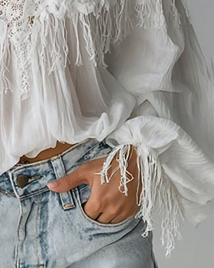 Top Off-Shoulder Blouse with Lace and Fringes