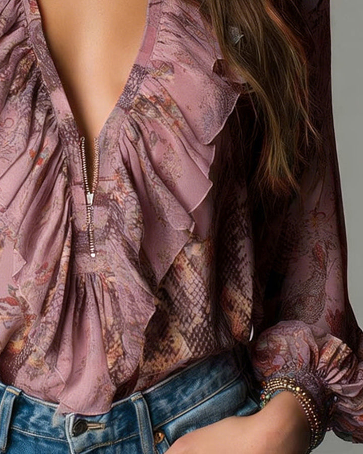 Elegant Printed Deep V Blouse with Ruffles