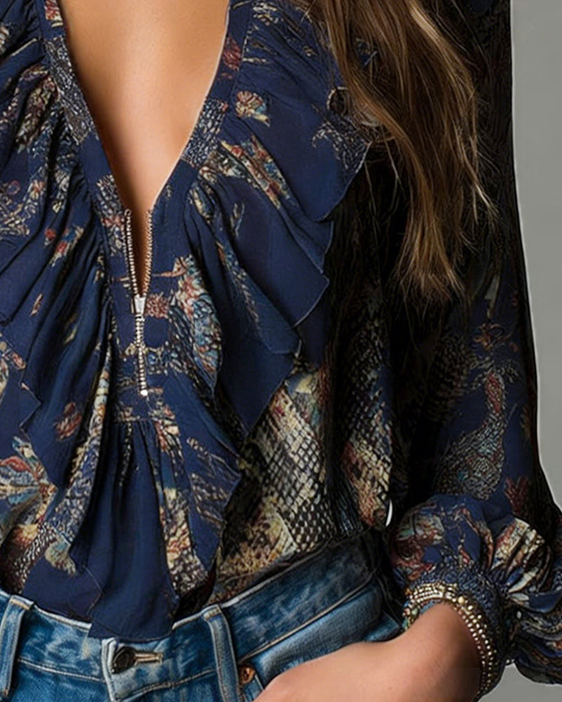 Elegant Printed Deep V Blouse with Ruffles