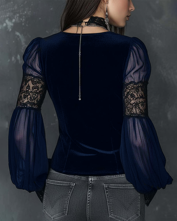 Buttoned V-Neck Blouse with Puff Sleeves