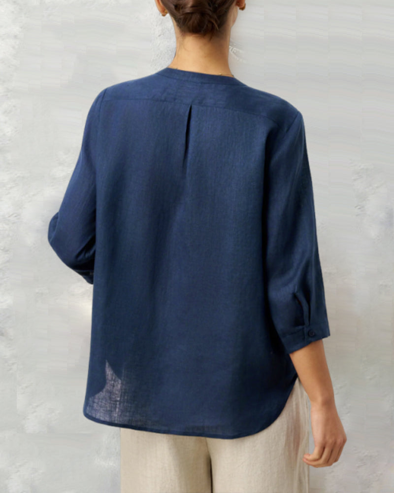 Stacey - Three Quarter Sleeve Button Down Cotton Shirt