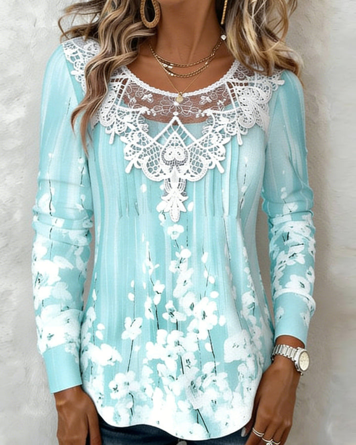 Floral Long Sleeve Top with Round Neckline and Lace Finishes