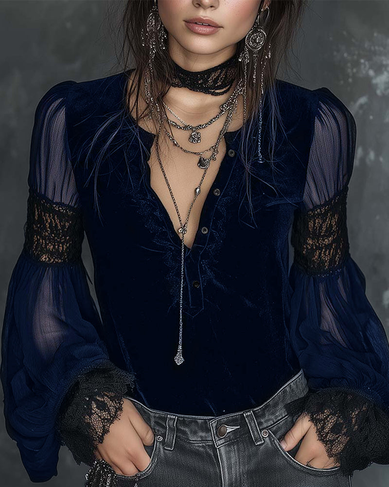 Buttoned V-Neck Blouse with Puff Sleeves