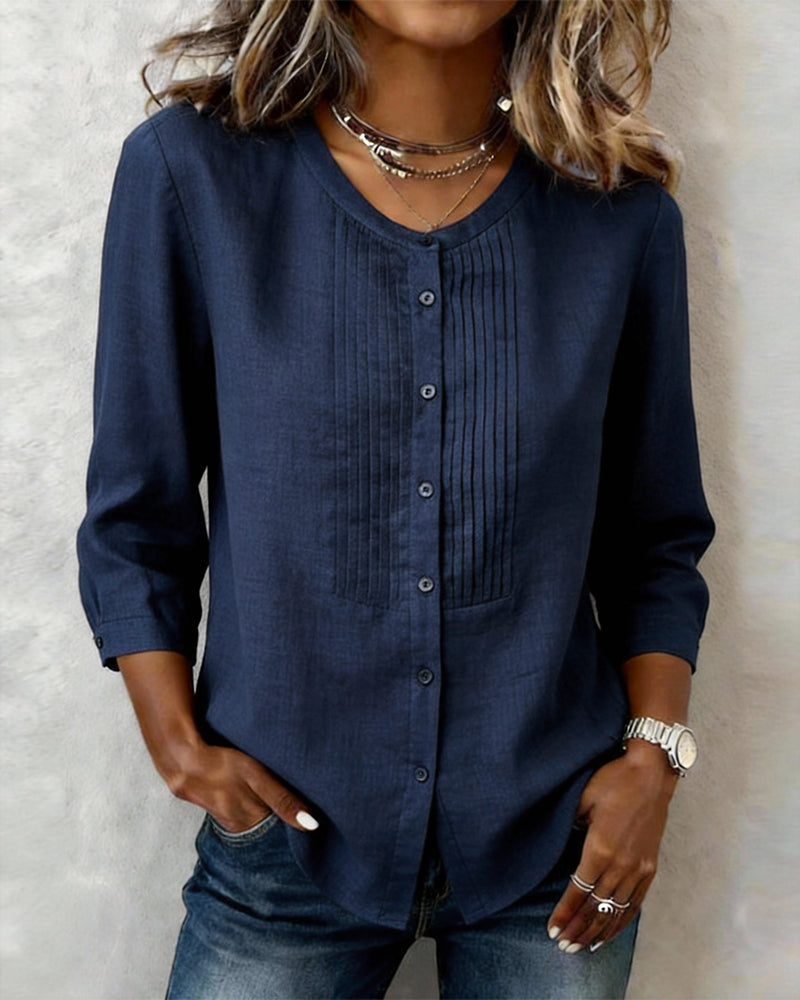 Stacey - Three Quarter Sleeve Button Down Cotton Shirt