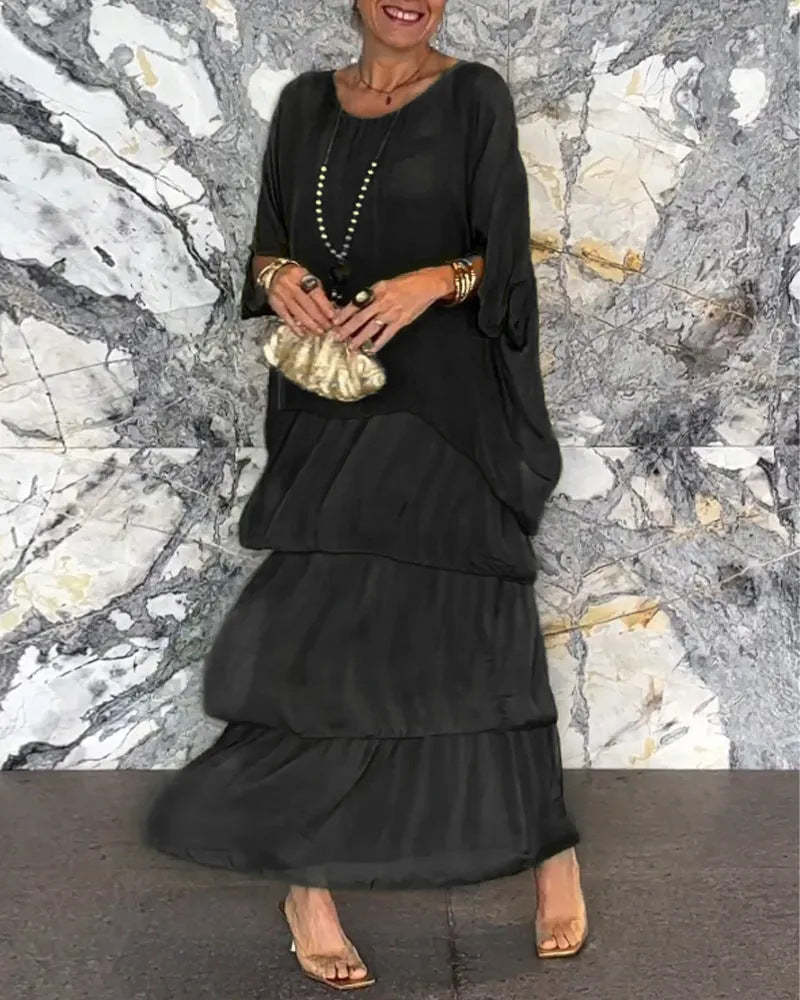 Soft Floral Tiered Maxi Dress Loose Fit Batwing Sleeves