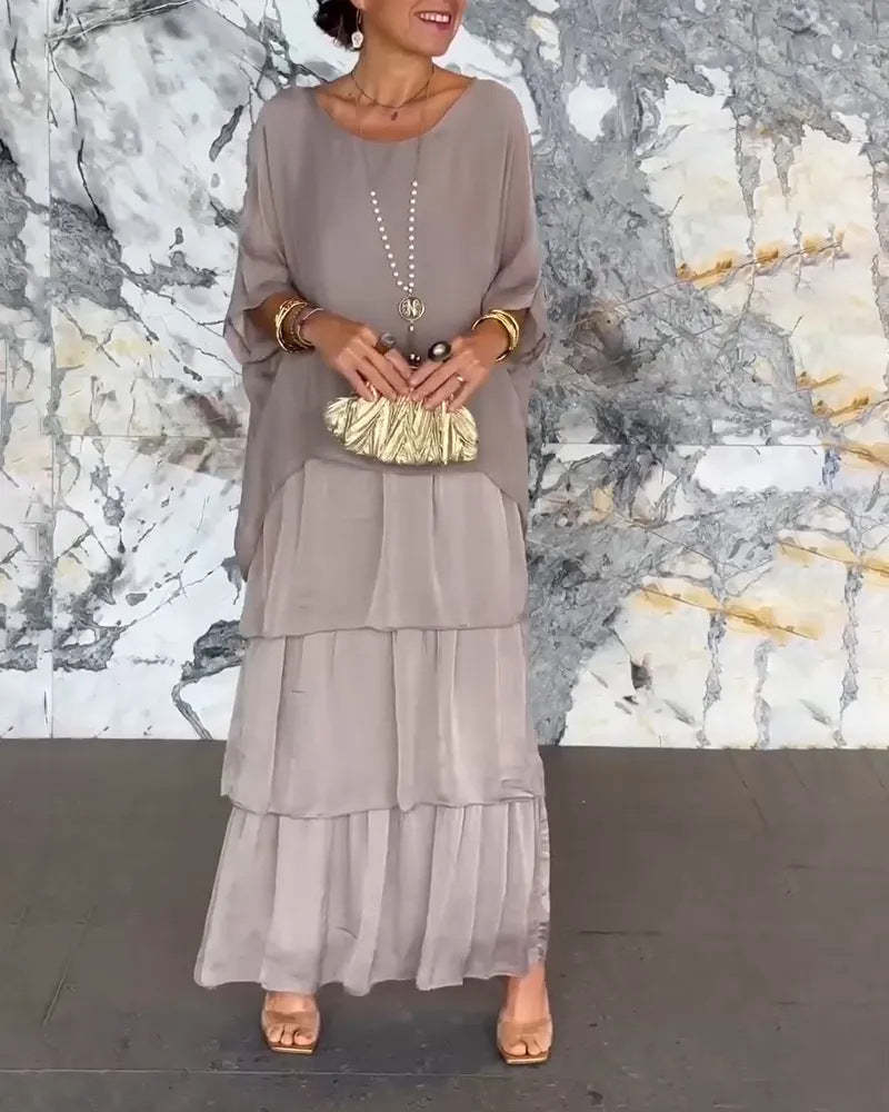 Soft Floral Tiered Maxi Dress Loose Fit Batwing Sleeves
