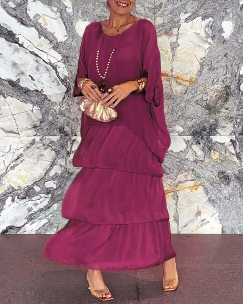 Soft Floral Tiered Maxi Dress Loose Fit Batwing Sleeves
