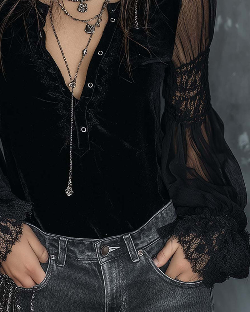 Buttoned V-Neck Blouse with Puff Sleeves
