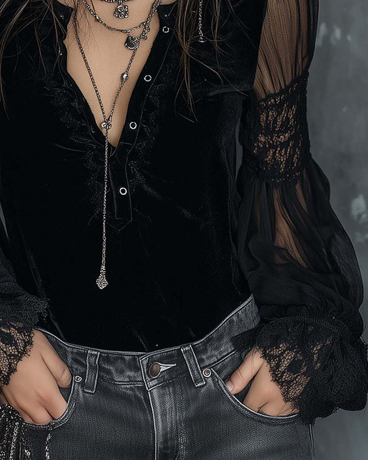 Buttoned V-Neck Blouse with Puff Sleeves