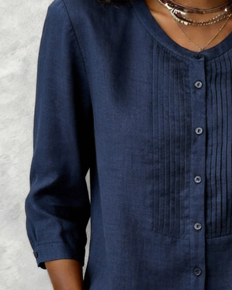 Stacey - Three Quarter Sleeve Button Down Cotton Shirt