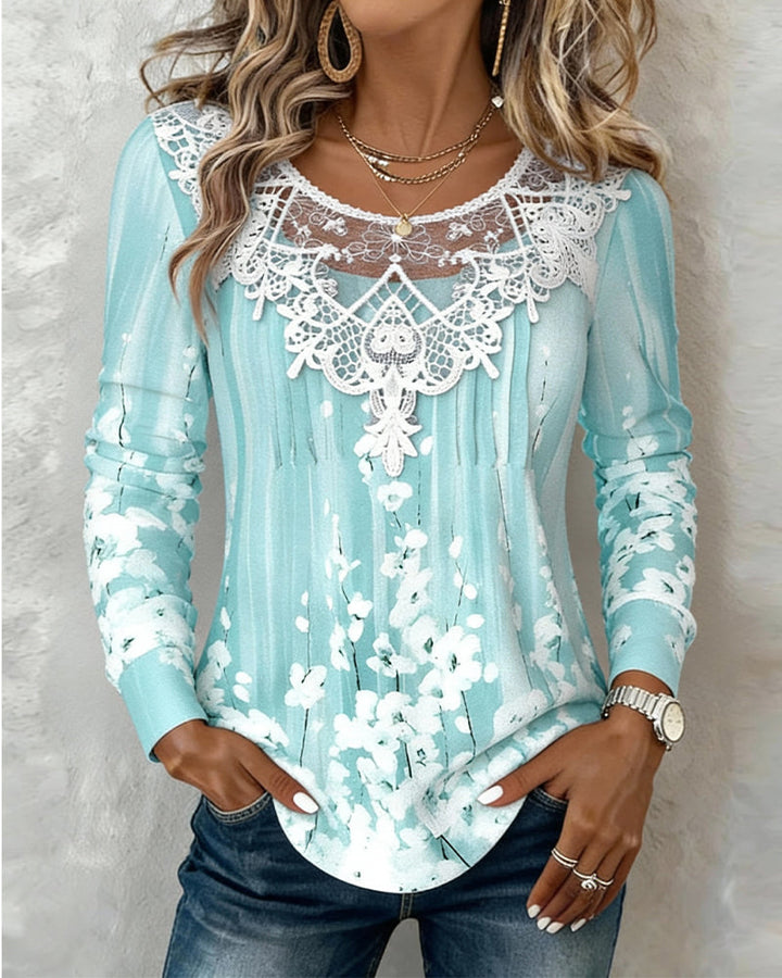 Floral Long Sleeve Top with Round Neckline and Lace Finishes