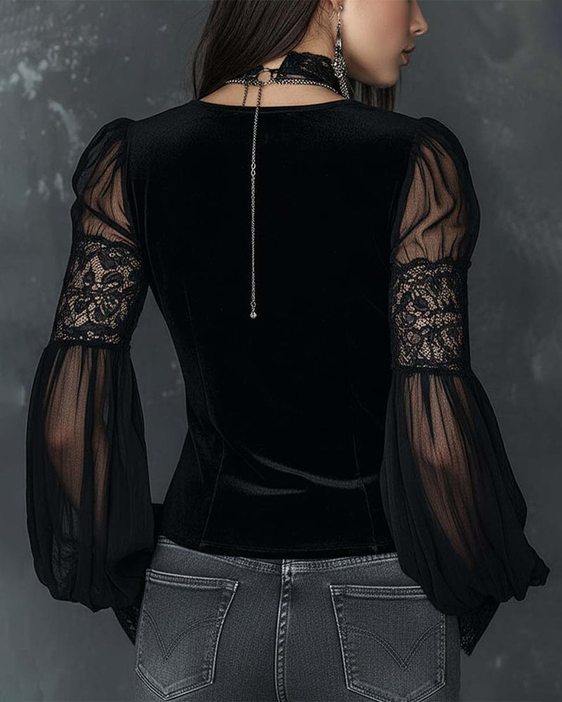 Buttoned V-Neck Blouse with Puff Sleeves