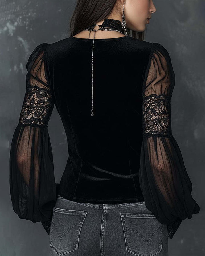 Buttoned V-Neck Blouse with Puff Sleeves