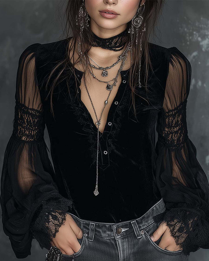 Buttoned V-Neck Blouse with Puff Sleeves