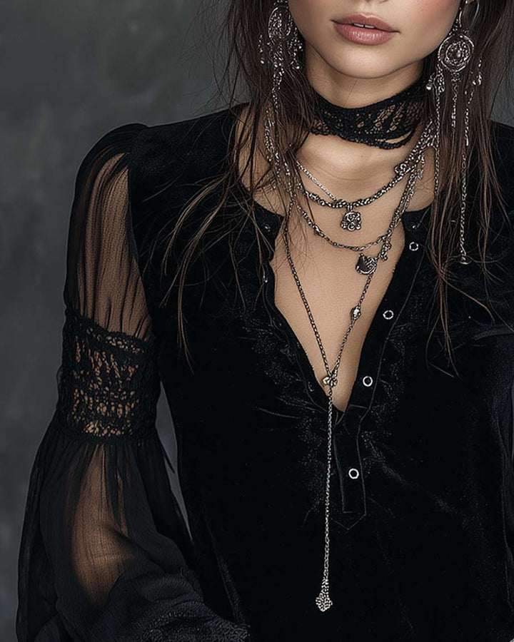 Buttoned V-Neck Blouse with Puff Sleeves