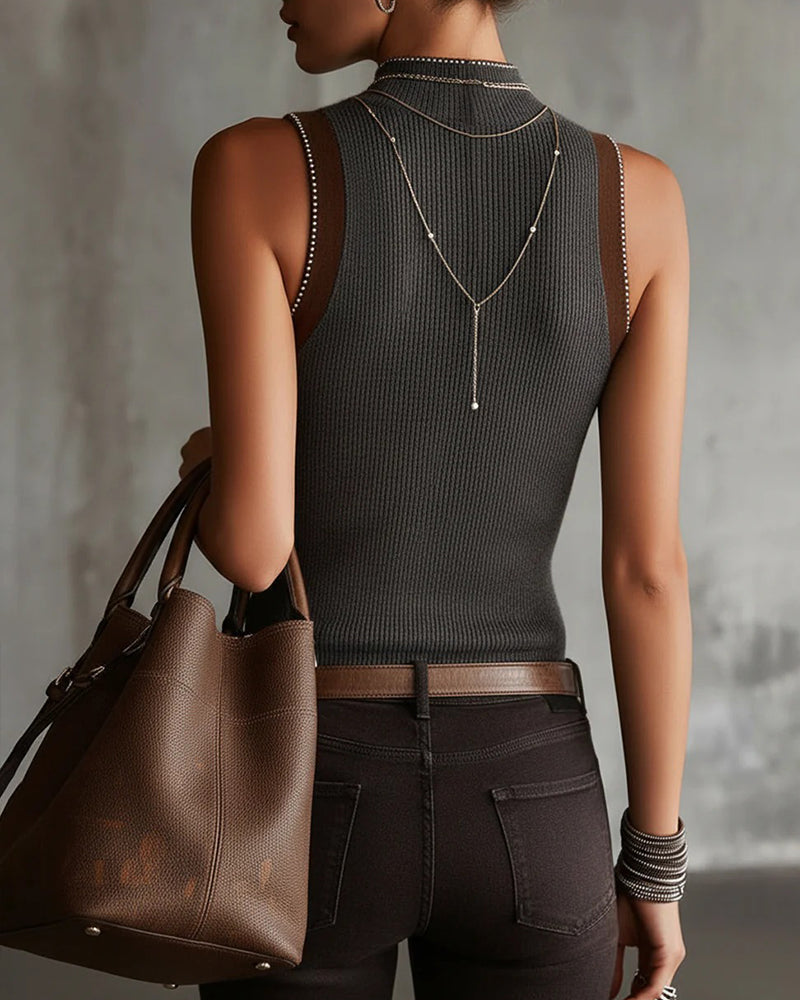 Sleeveless Mock Neck Knitted Tank Top