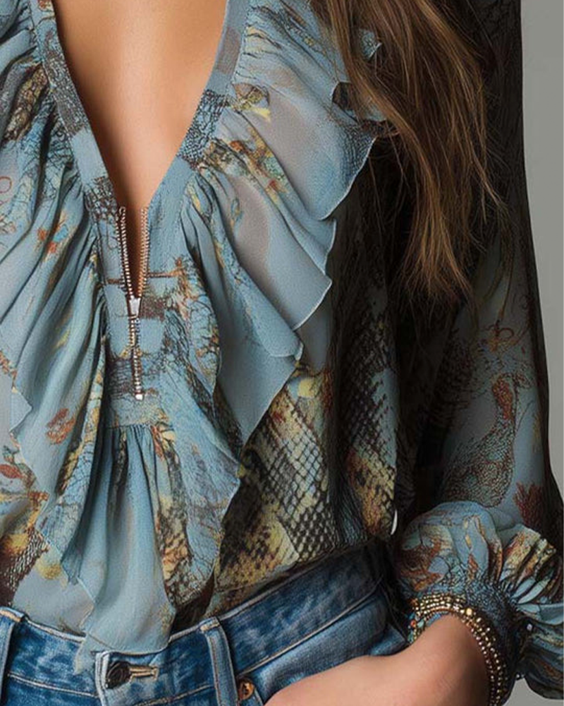 Elegant Printed Deep V Blouse with Ruffles