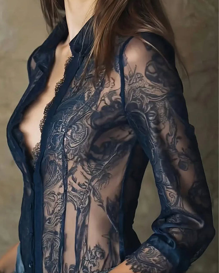 Trendy Lace Trim Printed Blouse
