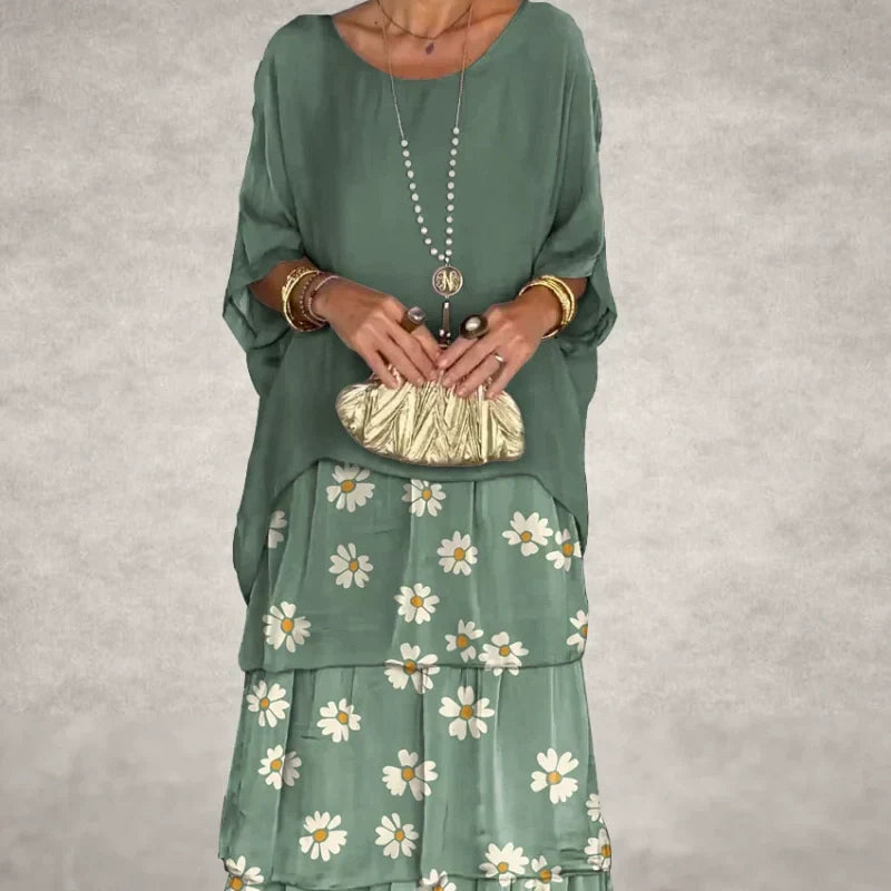 Soft Floral Tiered Maxi Dress Loose Fit Batwing Sleeves