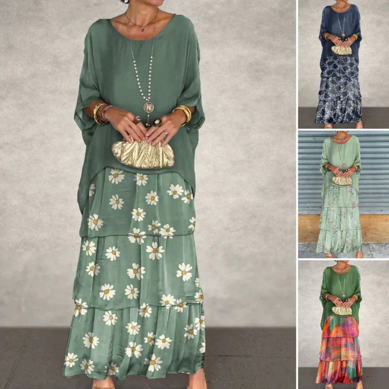 Soft Floral Tiered Maxi Dress Loose Fit Batwing Sleeves