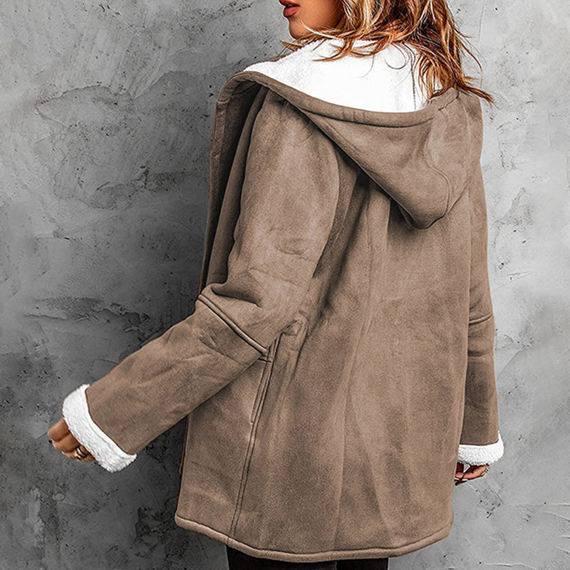 Women's Suede Hooded Coat with Fleece Lining